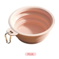 Collapsible pink silicone pet bowl for travel with a heart-shaped hole and silver carabiner - Macaron Pink