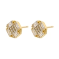 Macro view of gold plated hexagonal studs with inlaid baguette and round clear crystals - VE867 Hexagon / Gold