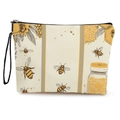 Cream makeup bag with bee and sunflower prints featuring a black zipper and wristlet - Vintage Sunflower Bee Honeycomb (xy-078-5)
