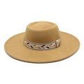 Classic camel wool fedora hat with a 9.5cm wide brim and ethnic woven decorative band - M (56-58cm) / Camel