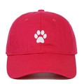 Red cotton baseball cap featuring white paw print embroidery in a six-panel design - One Size / Rose Red