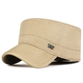 Khaki flat top military cap with cotton canvas texture and silver metal Sports Style tag - Adjustable / Beige