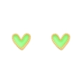 Detailed close-up of 18K gold heart earrings with vibrant green enamel and beaded edges - Green