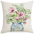 Linen pillow cover featuring watercolor pink flowers in a blue glass bottle design - 18x18 Inch / Watercolor Pink Flowers Blue Bottle (LYD396-3)