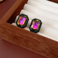 Rectangle stud earrings with gradient crystal stones and black matte finish frames - Silver Needle - Black (Multicolor Gradient Gemstone - Black Matte Frame)