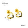 Pair of gold heart-shaped stainless steel stud earrings with black stones - Black