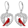 Silver-tone heart leverback earrings featuring a red bird and tree of life design - Silver Red