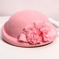 Pink wool felt beret with mesh lace ribbon flower and elegant feather decoration - Pink