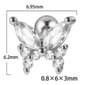 Silver stainless steel butterfly stud earring with zircon stones and sizing details - Silver + Clear Zirconia (Large)