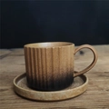 Japanese retro ceramic coffee cup and saucer set with vertical stripes and gradient brown glaze - Elegant Coffee Cup And Saucer - Antique Yellow 250ml / Universal