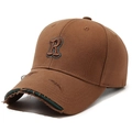 Brown distressed baseball cap with embroidered letter R and vintage frayed brim detail - Coffee