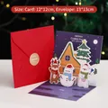 3D pop-up Christmas card with red envelope featuring snowmen and reindeer, 12x12cm size - Christmas Blessing / 12x12cm (Including Envelope/Sticker)