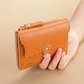 Brown quilted faux leather short wallet for women featuring a floral metal buckle clasp - Lemon Yellow