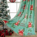 Mint green Christmas blanket featuring festive tree patterns and white fringe edges - 150*160 / Blue Christmas House Rod Pocket