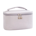 Portable light purple quilted leather makeup bag with double handles and dual zippers - Gray