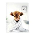 Whimsical Highland cow canvas art showing a brown calf wrapped in a white towel in bathroom - 02 Cow Wrapped in Towel