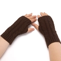 Detailed knit texture of dark brown fingerless gloves with a classic cable pattern - Adult Free Size / Coffee