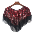 Mantella in rete con paillettes, ricami floreali rossi e decorazioni con frange nere - Nero Rosso