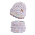 Colorful mixed knit winter hat and neck warmer set with warm fleece lining - Purple / 2-Piece Set (Hat + Scarf)