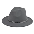 Close-up of the grey wool felt hat featuring a decorative silver metal chain detail - Light Gray Hat Silver Chain