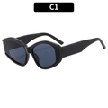 Irreguläre schwarze Sonnenbrille mit dunkelblau transparenten Gläsern und kühnem Rahmen - Schwarzer Rahmen Graue Gläser