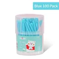 Sky blue double-headed cotton swabs and ear picks in a 100-piece cylindrical box - 100 Packs / Blue