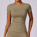 Slim fit yoga t-shirt in moss green with side ruched detailing for workout - S / Tops / Khaki