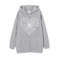 Grey oversized zip-up hoodie featuring a white heart spider web print in size M - Light Grey (Spider Web Heart)
