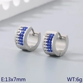 Silver stainless steel huggie earrings with deep blue rhinestones, size 13x7mm - Silver Base + Blue & White Rhinestone (KE118343-TGD)