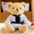 Ours en peluche vêtu d'un uniforme de Taekwondo blanc avec une ceinture noire d'arts martiaux - Ours Taekwondo - Ceinture Noire (Sans Logo) / 25cm