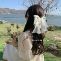 White mesh bow hair clip with ribbons, 18x23cm size shown on hair for fairy style - Beige Bow Spring Clip (Organza) 18x23cm