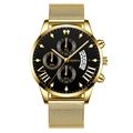 Fashionable men's chronograph watch with black dial and gold stainless steel mesh band - Black Dial Gold Hands Gold Strap