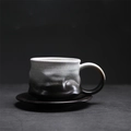 Japanese retro ceramic coffee cup and saucer set with brown gradient glazed finish - 235-e Irregularly Shaped Curved Cup + Saucer (black) 240ml / Universal