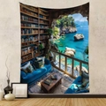 Detail showing 3D library and ocean cave scenery on a large textile wall tapestry - GT202460