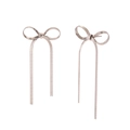 Elegant silver bow knot drop earrings with long blade chain tassels in stainless steel - Silver
