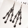 Dark vintage drop earrings with black rhinestones and hollow metal tassels - Black