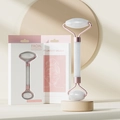 Double-headed white marble facial roller massager with elegant rose gold metal frame - White Double-Headed Facial Roller