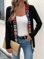 Bohemian knit cardigan with colorful floral appliques and long sleeves in black - S / Black