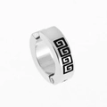 Silver titanium steel clip earring with black Greek key pattern on white background - Single Greek Fret / Steel