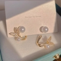 Elegant gold butterfly earrings with double pearls and micro-pave crystals on card - ER1049-Gold Butterfly Double Pearl