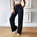 Deep blue textured wide-leg pants with elastic drawstring waist and side pockets - S / Navy Blue