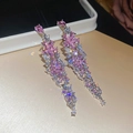 Macro shot of pink and white crystal floral dangle earrings with zircon tassel details - 3# Silver Earring Post - Pink - Flower