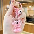 Pink bear liquid sand keychain with internal glitter letters and a matching bell charm - Mini Sitting Bear - Pink