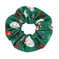 Detailed shot of dark green Christmas scrunchie with Santa, snowman and bell patterns - Dark Green