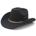Classic black wool felt cowboy hat with brown leather band and metal eyelets - M (56-58cm) / Black