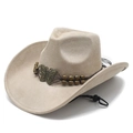 Vintage suede western cowboy hat with wide brim and decorative metal butterfly and beads - Beige