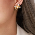 Elegant gold windmill cluster earrings with grey pearls on model's ear profile - Gray Imitation Pearl Earrings