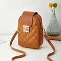 Brown quilted PU leather mobile phone crossbody bag with golden twist lock and thin strap - Brown