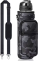 Detail view of camouflage gray SBR neoprene water bottle sleeve with adjustable strap - Black Floral