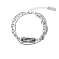 Bracciale argento a doppio strato con una pietra grigia rettangolare e moschettone - Stile a catena di serpente a doppio strato / Argento con zirconi grigi